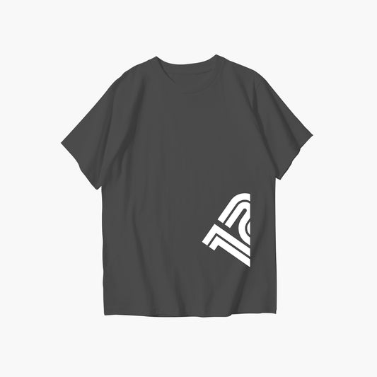 Black t-shirt with a white logo on a white background