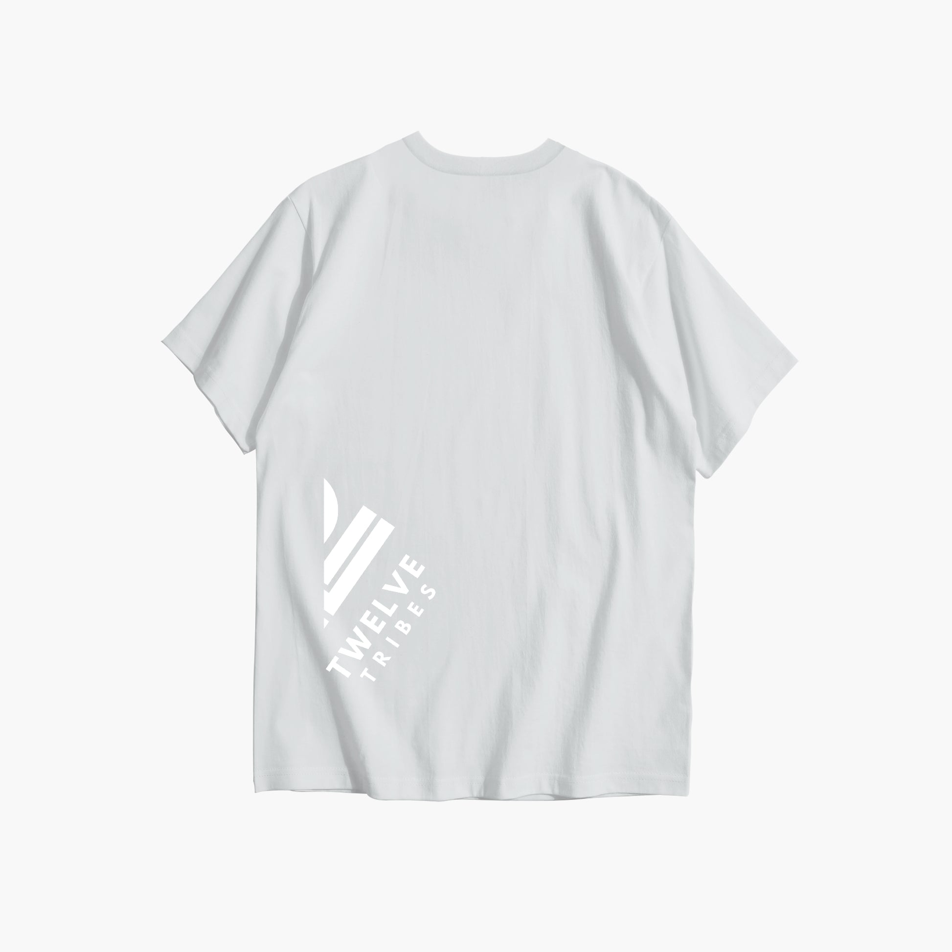 White t-shirt with a logo and text on the back against a white background