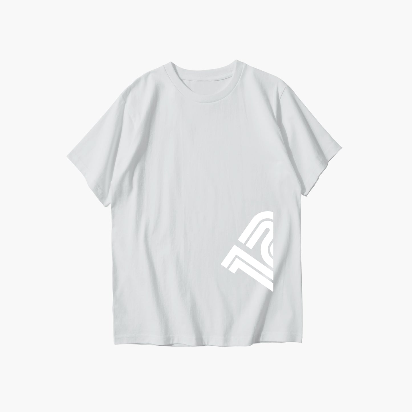 White t-shirt with a logo on a white background
