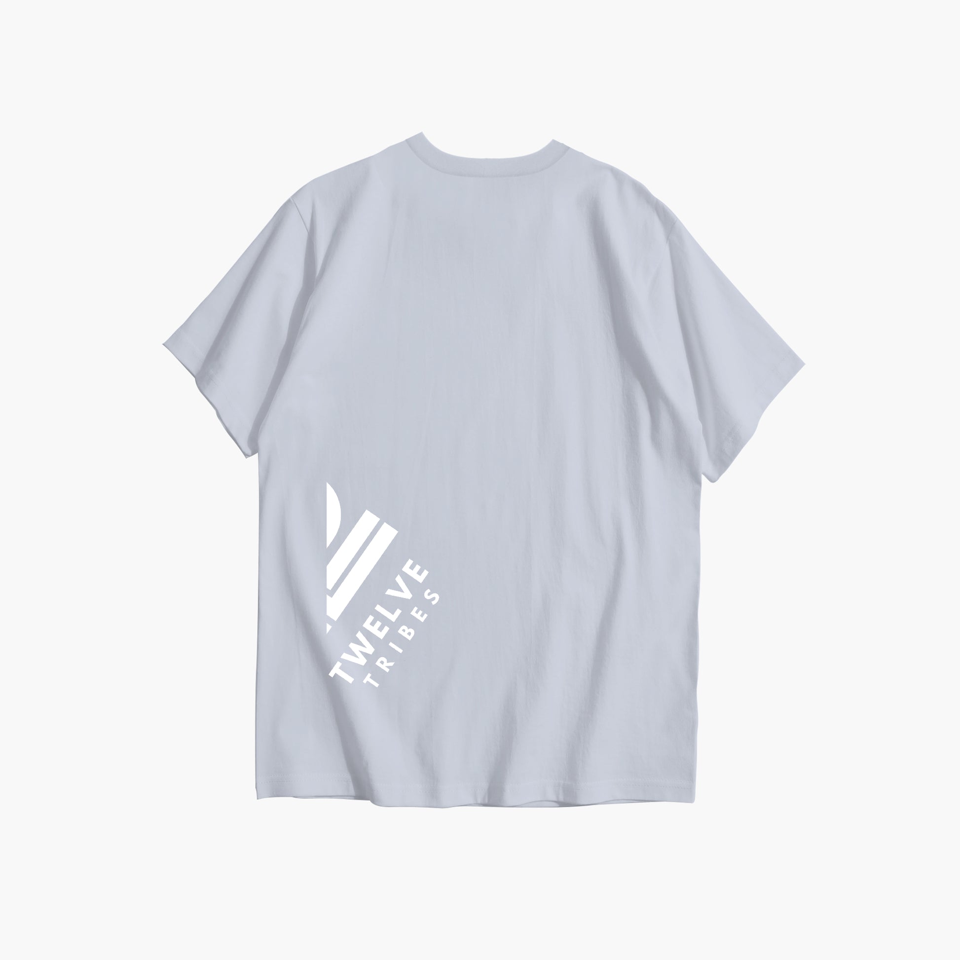 Light gray t-shirt with a white logo and text on the back against a white background