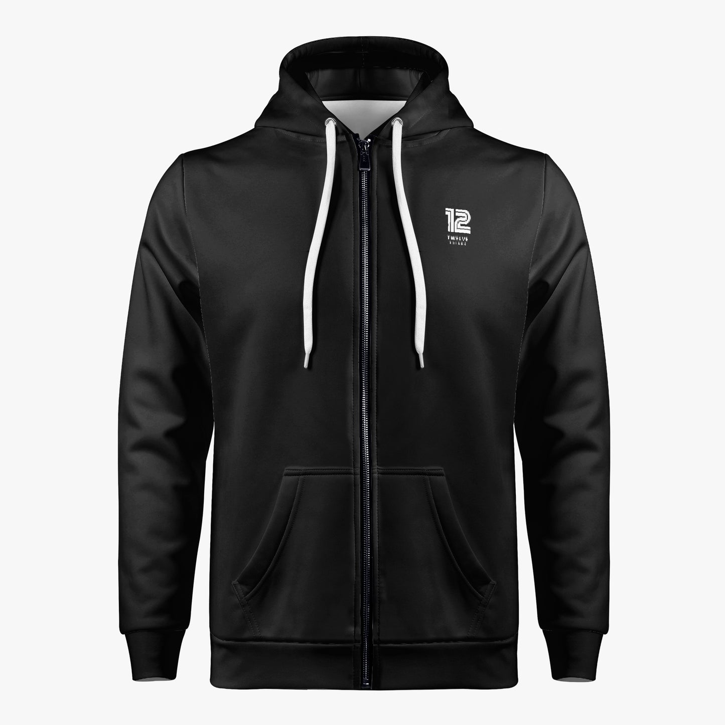 Black zip-up hoodie with a logo on the chest against a white background