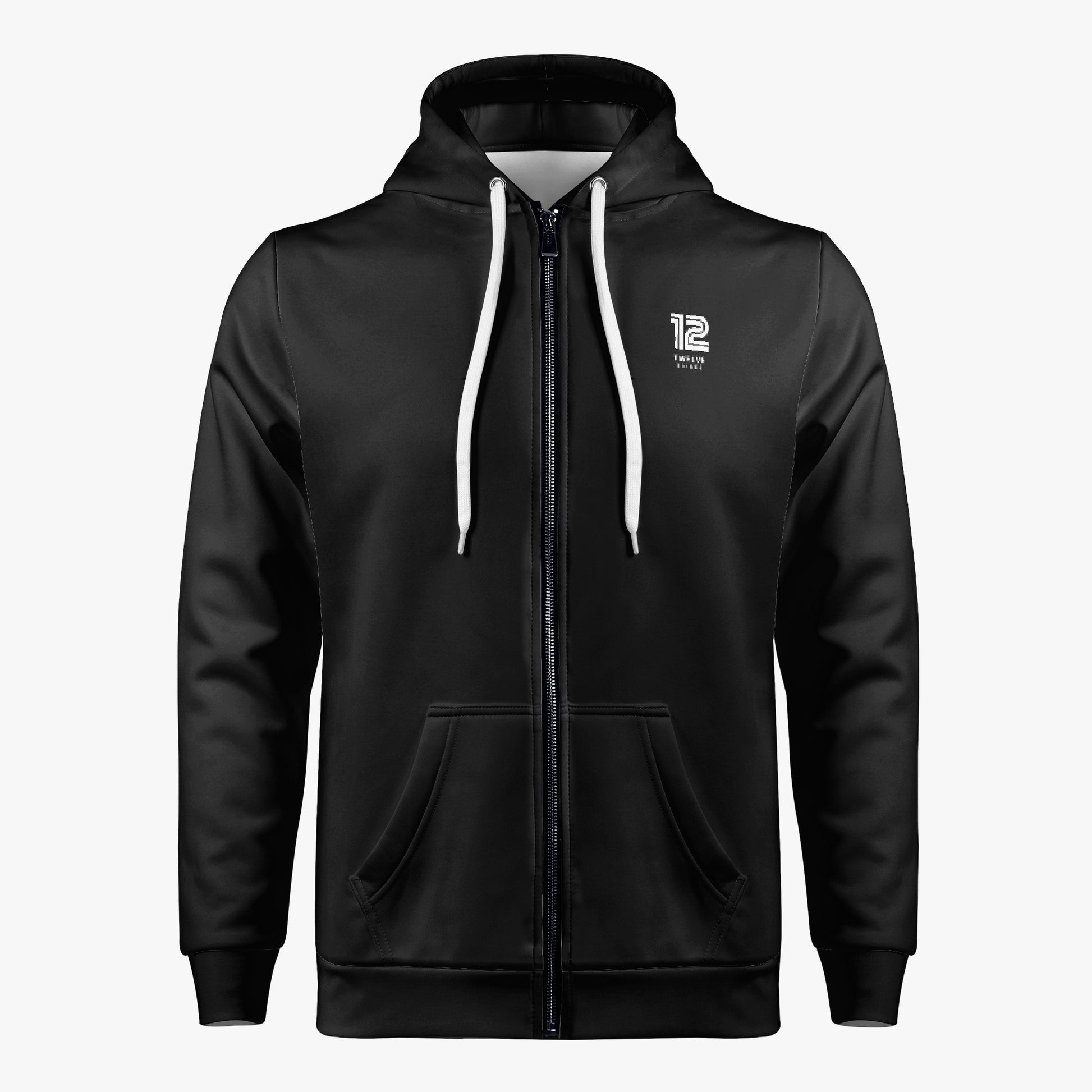 Black zip-up hoodie with a logo on the chest against a white background