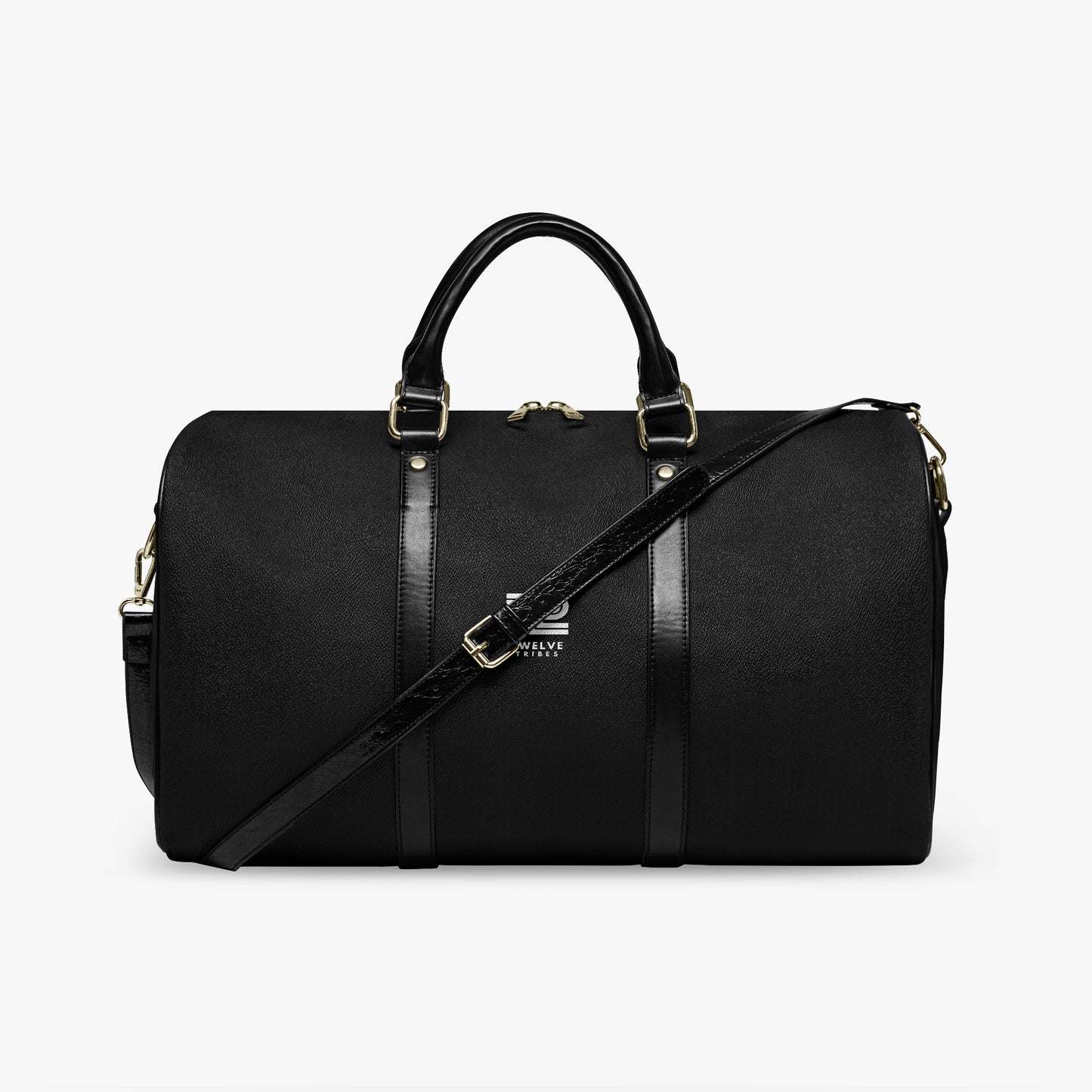 Black duffel bag with a strap on a white background