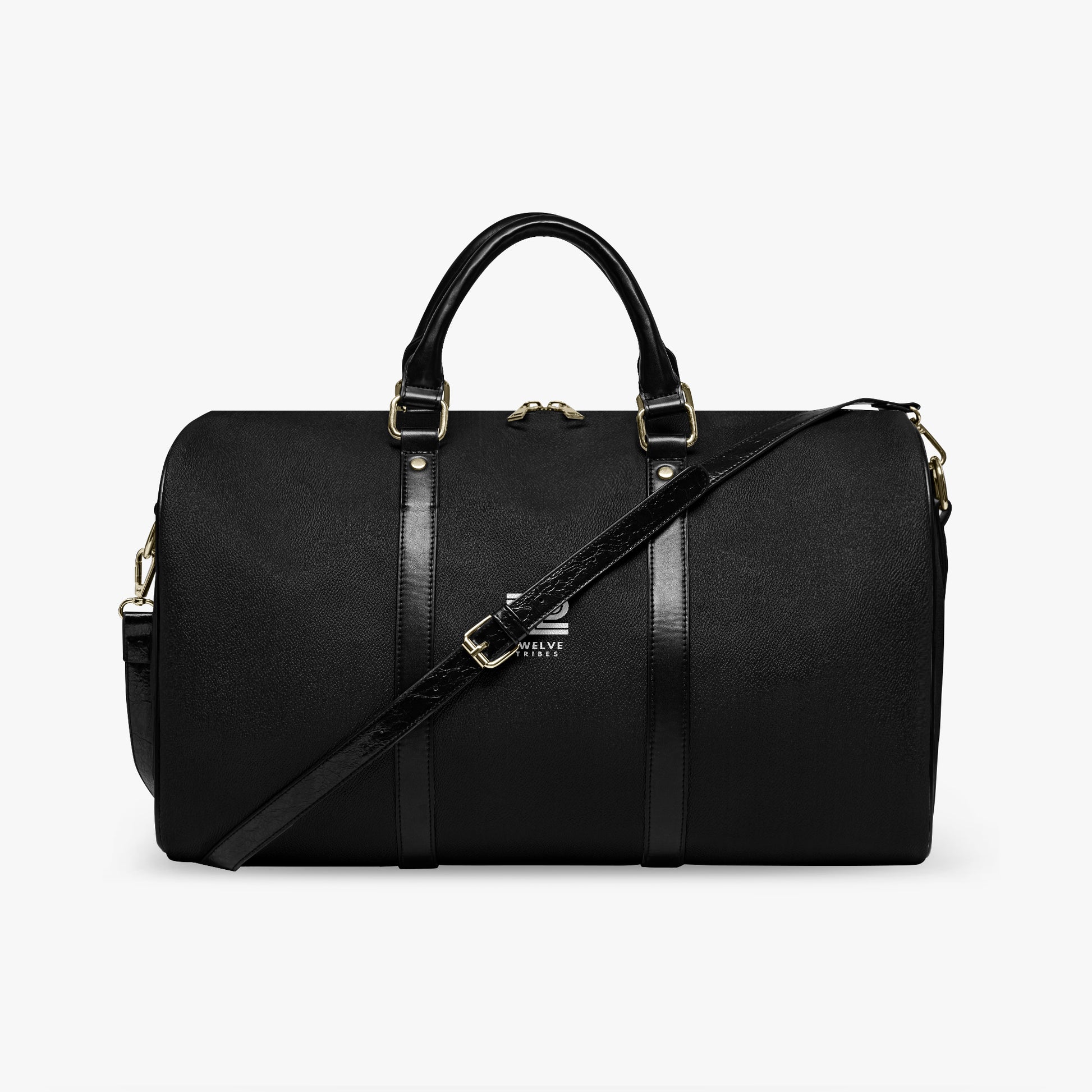 Black duffel bag with a strap on a white background