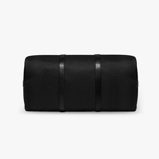 Black duffel bag on a white background