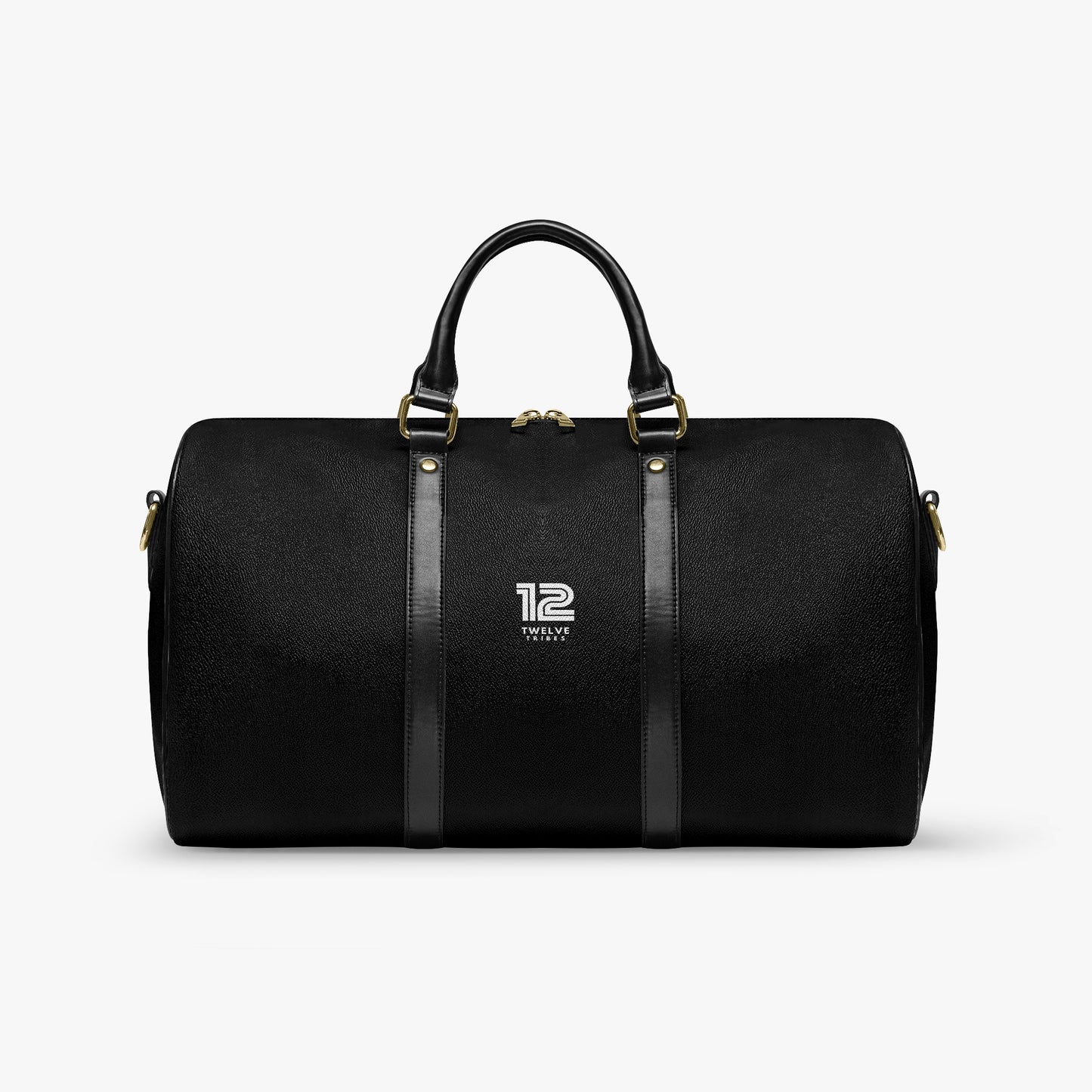 12 Tribes Black duffel bag with gold accents on a white background