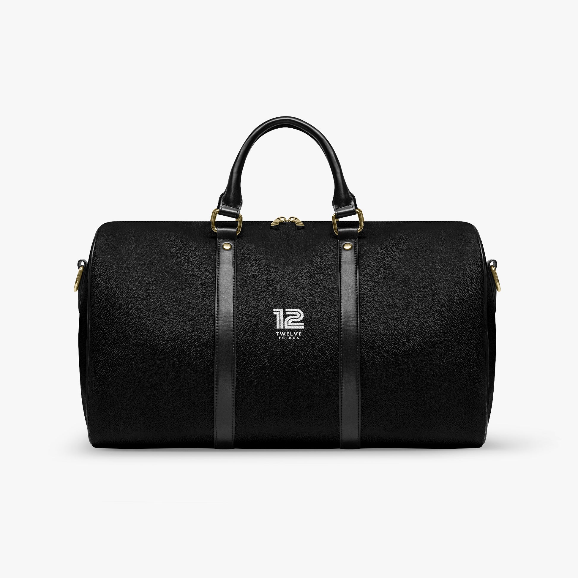12 Tribes Black duffel bag with gold accents on a white background