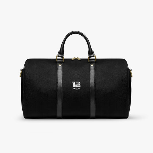 12 Tribes Black duffel bag with gold accents on a white background