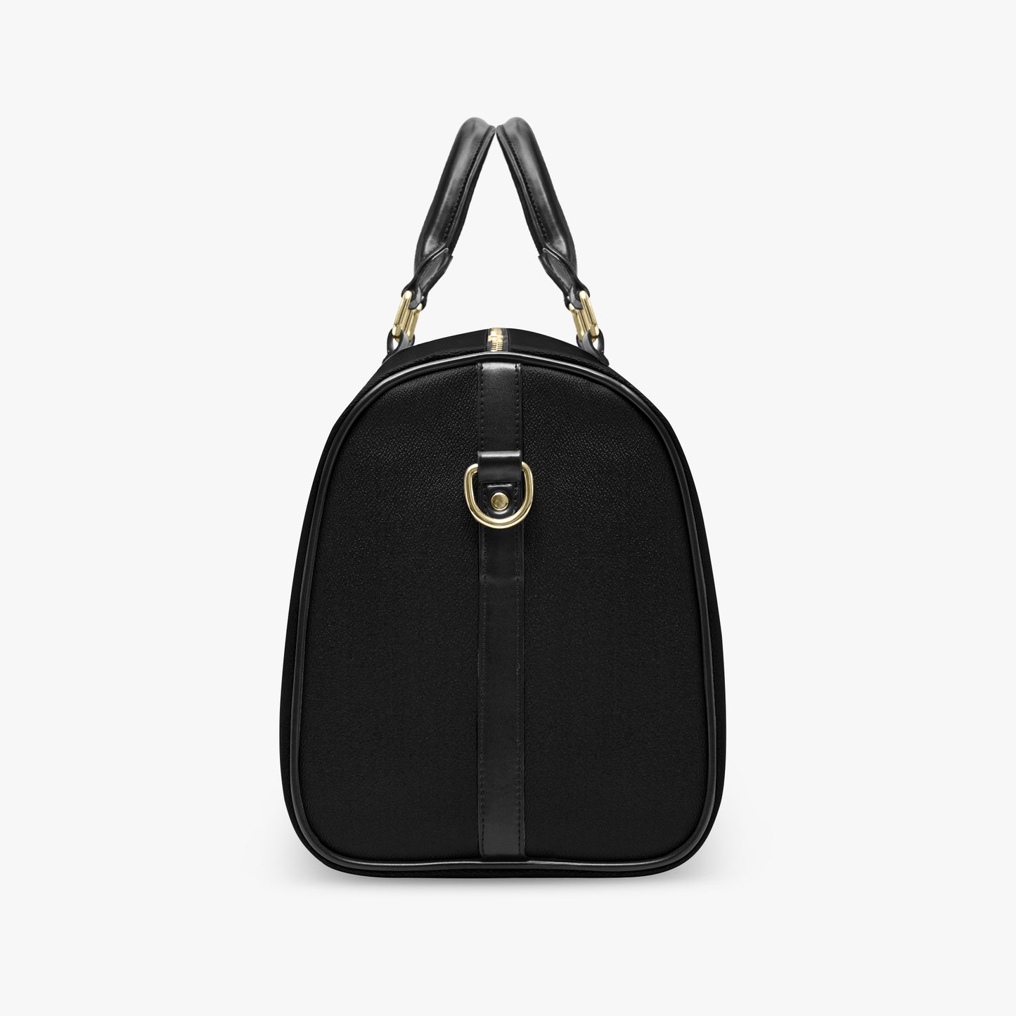 Black handbag with gold clasp on a white background