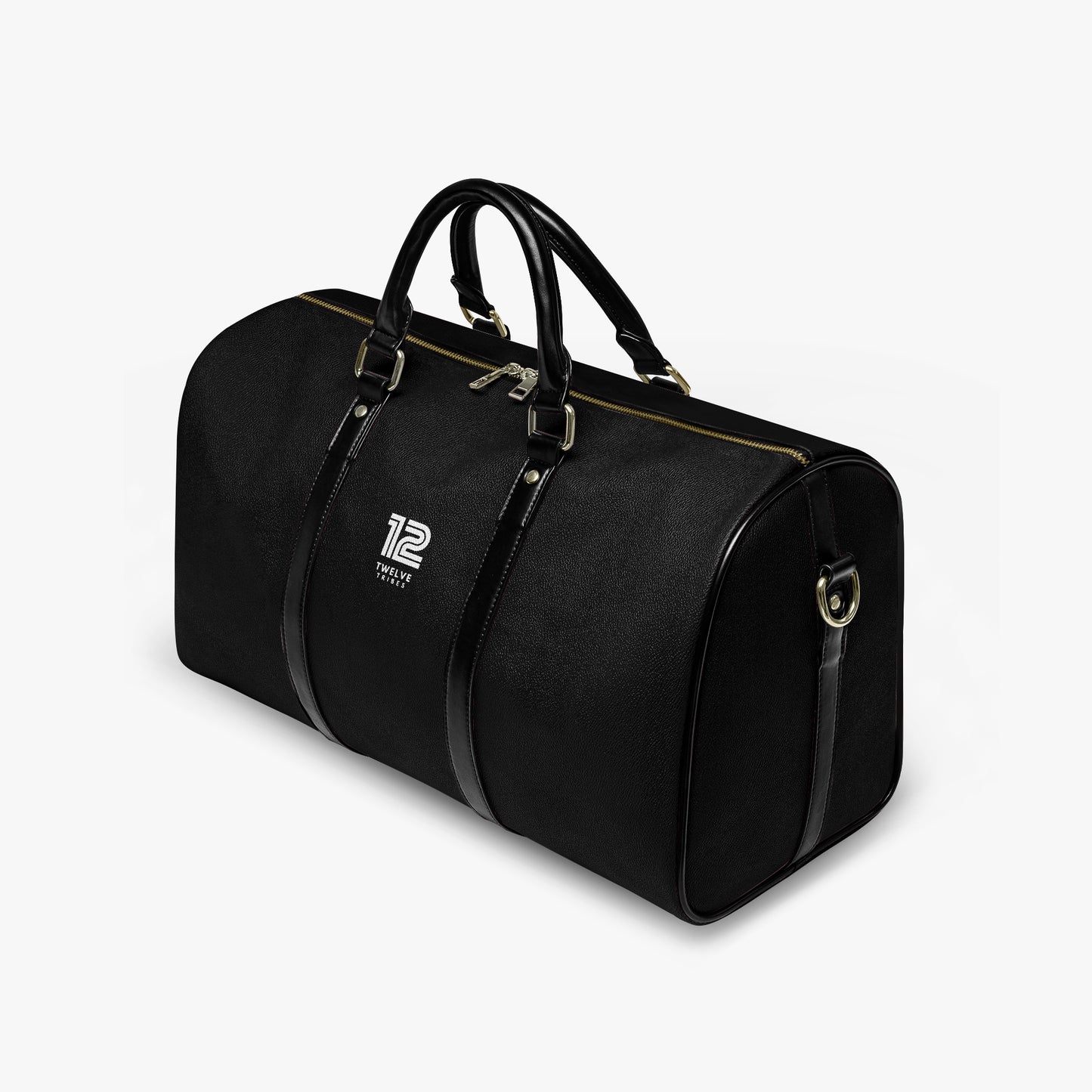 Black duffel bag with a brand logo on a white background