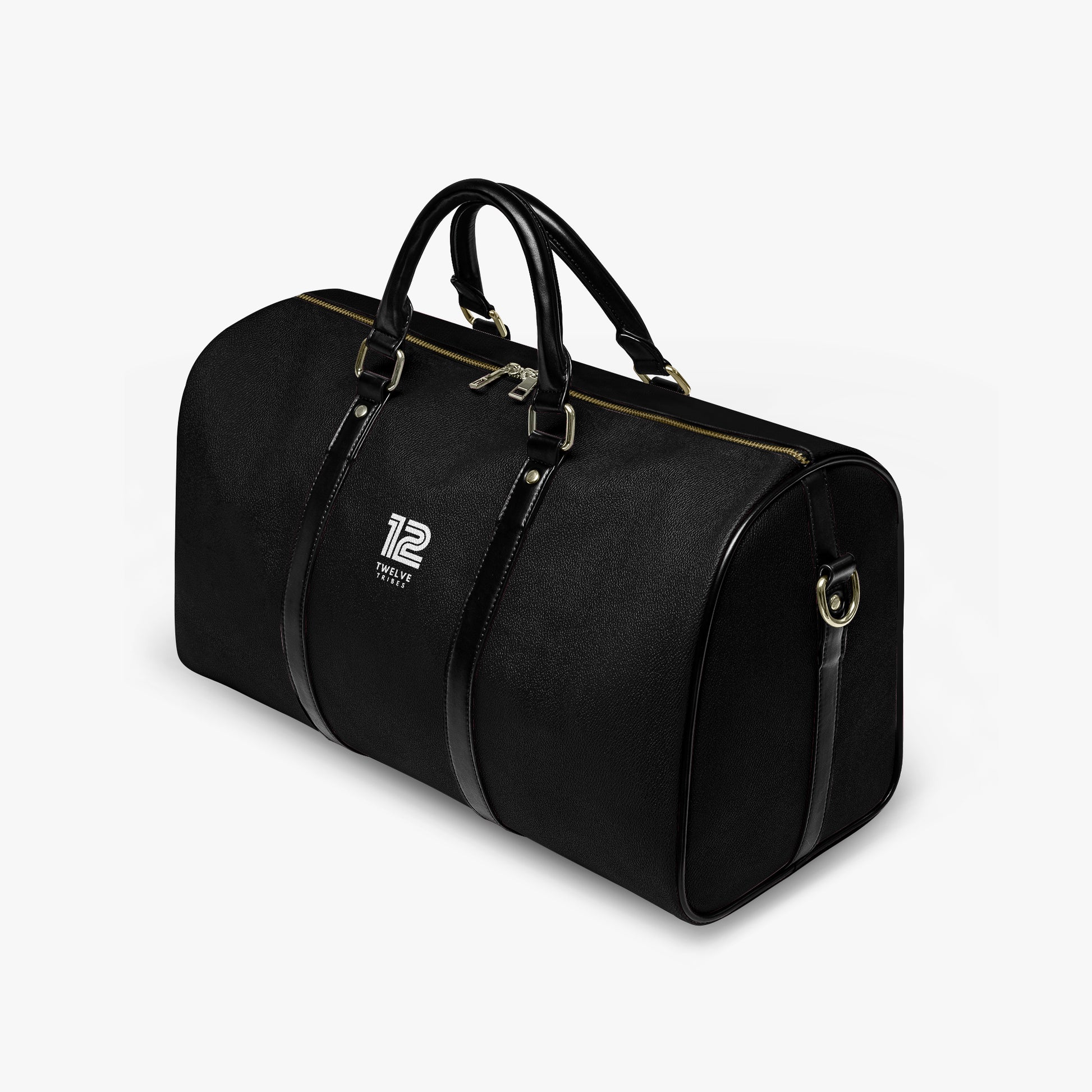 Black duffel bag with a brand logo on a white background