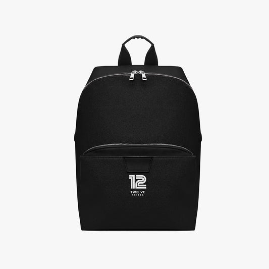 Black backpack with a brand logo on a white background