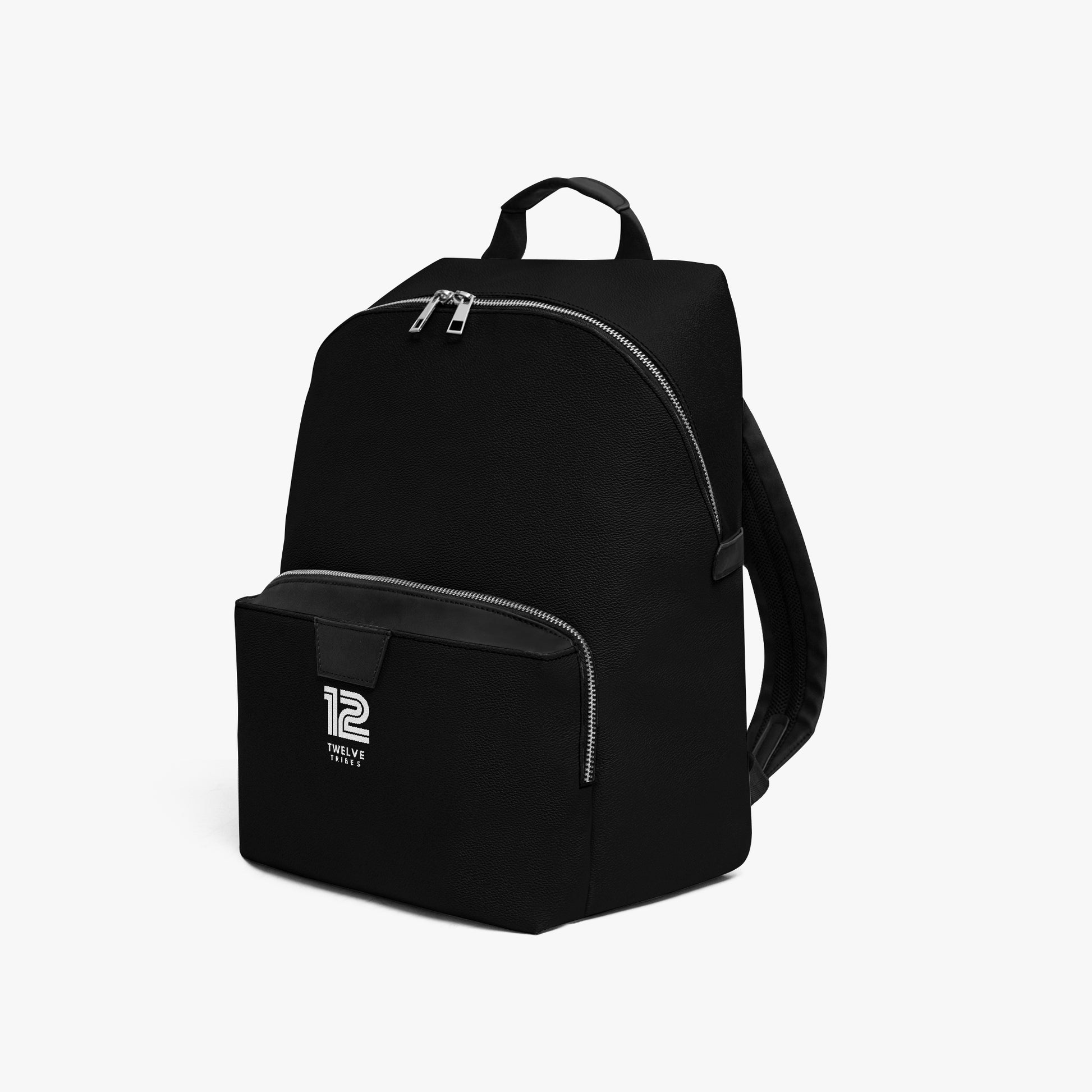 Black backpack with a visible brand logo on a white background