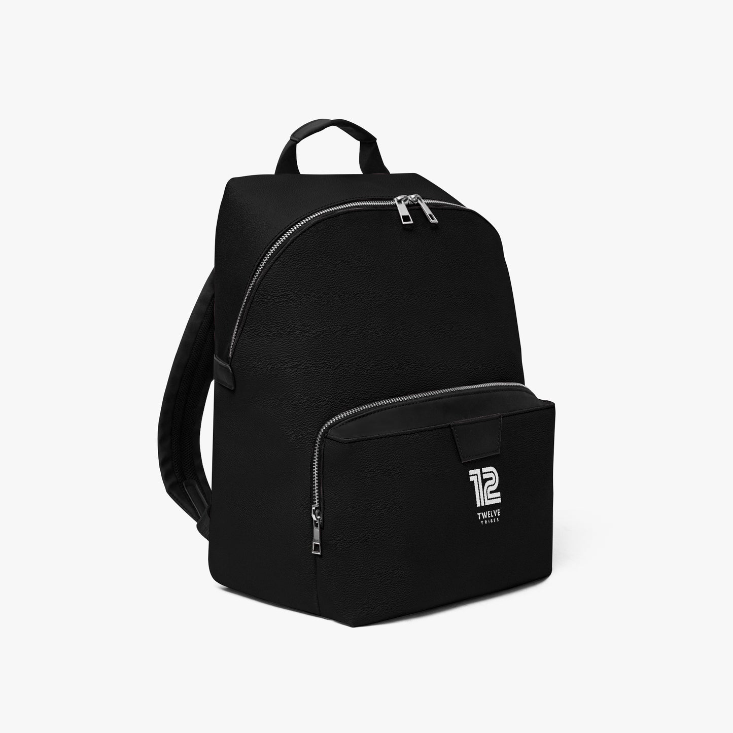 Black backpack with a brand logo on a white background