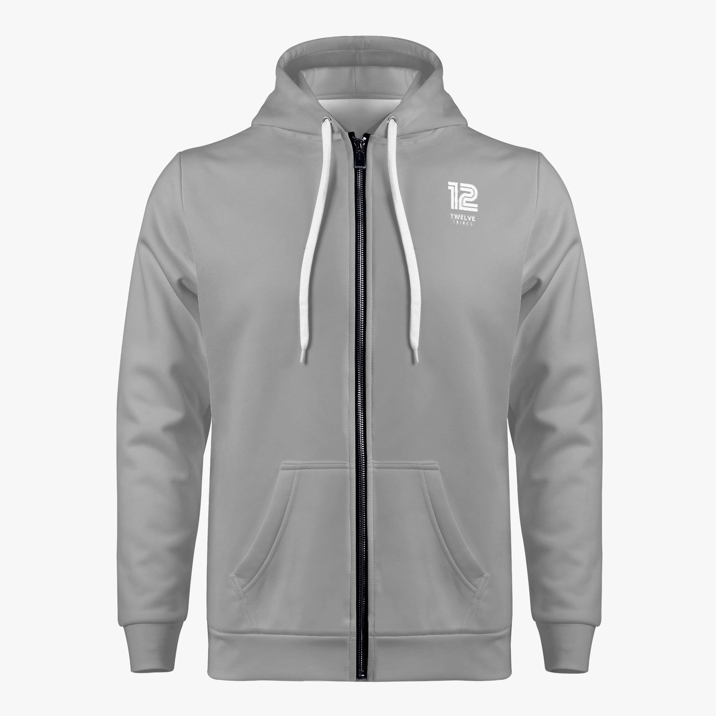 Gray hoodie with a logo on the chest against a white background