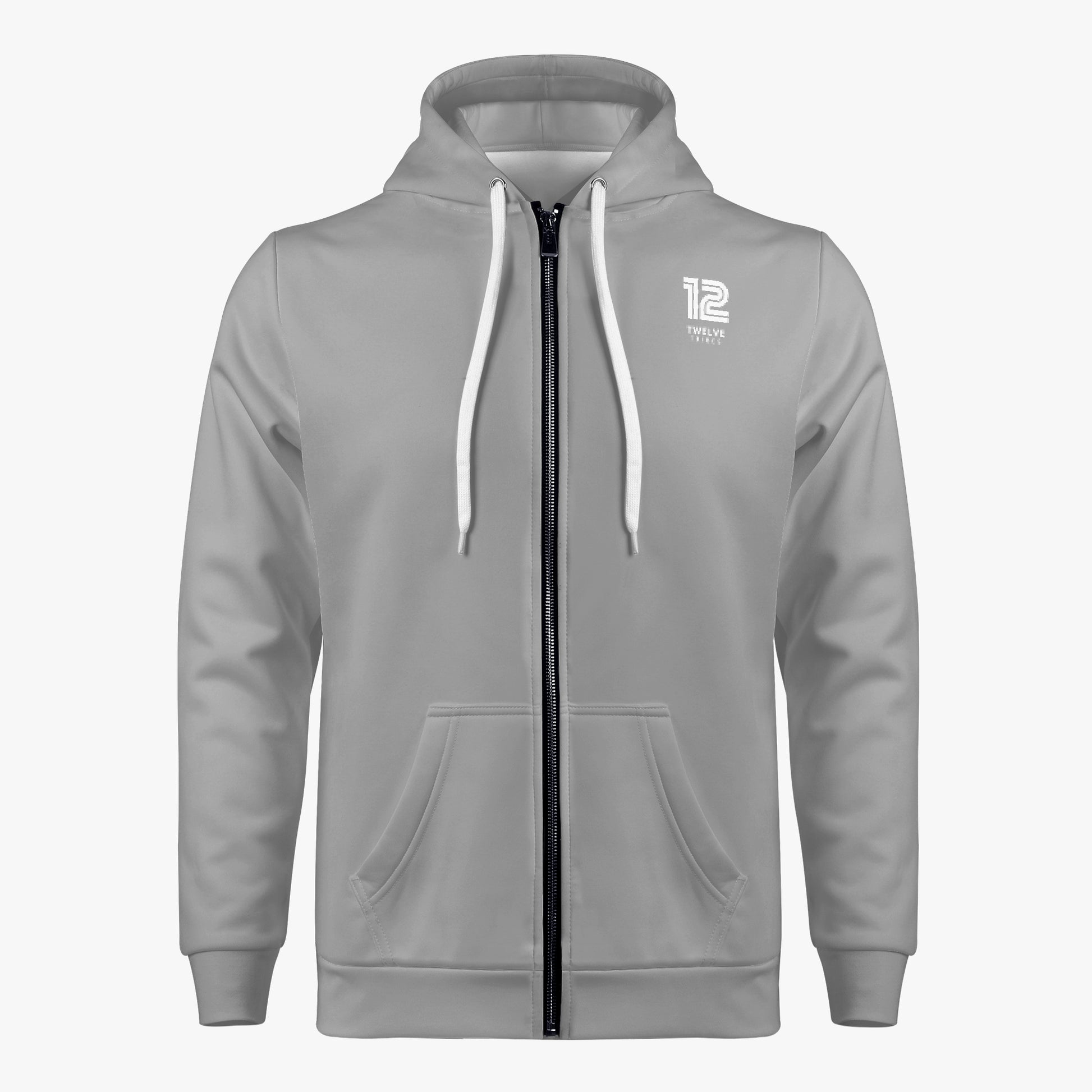 Gray hoodie with a logo on the chest against a white background