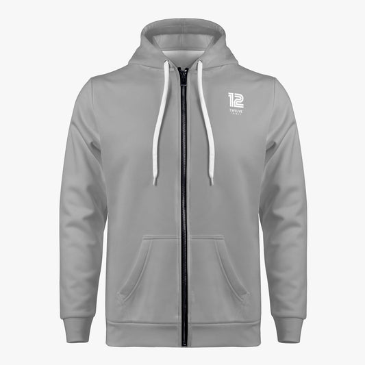 Gray hoodie with a logo on the chest against a white background