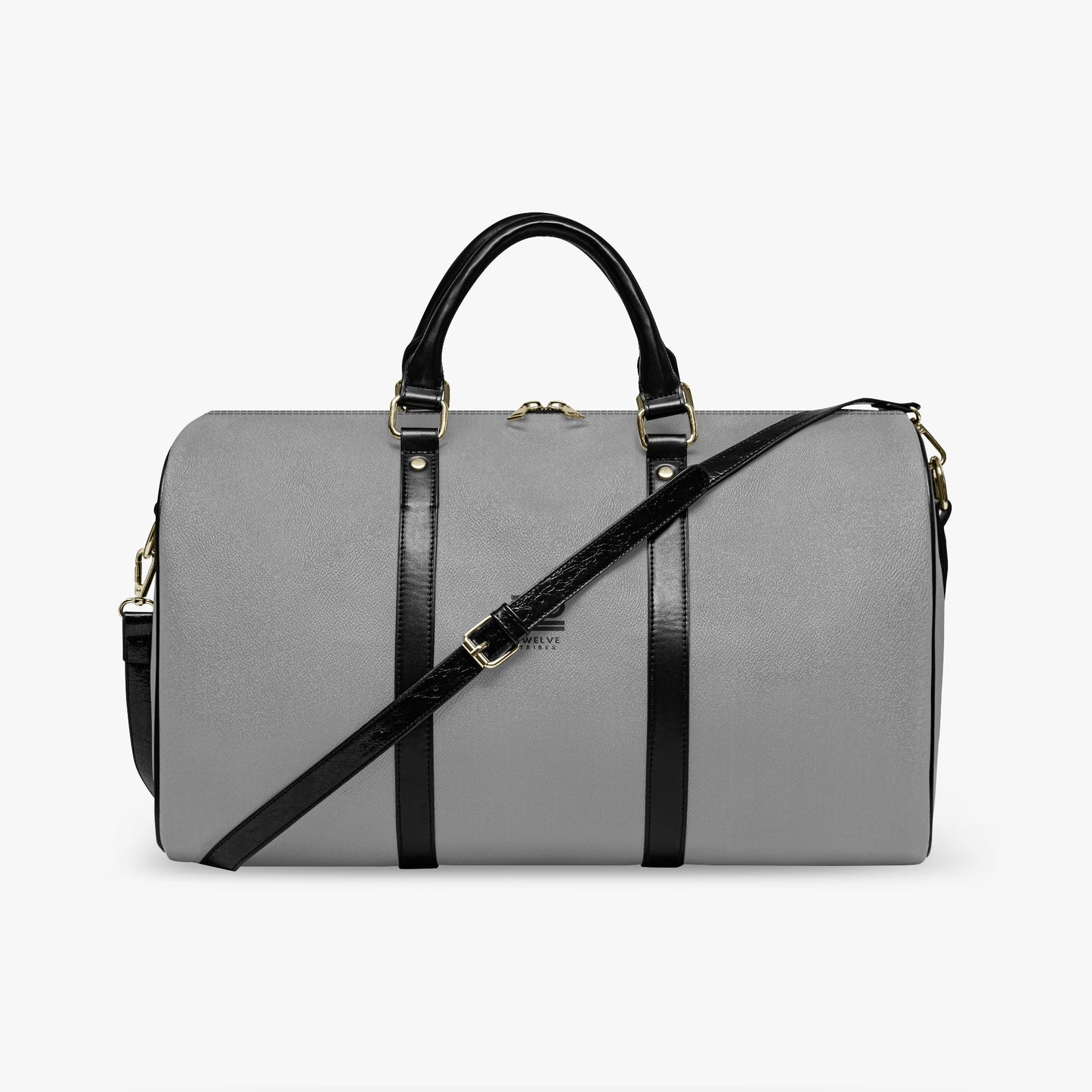 Gray duffel bag with black straps on a white background