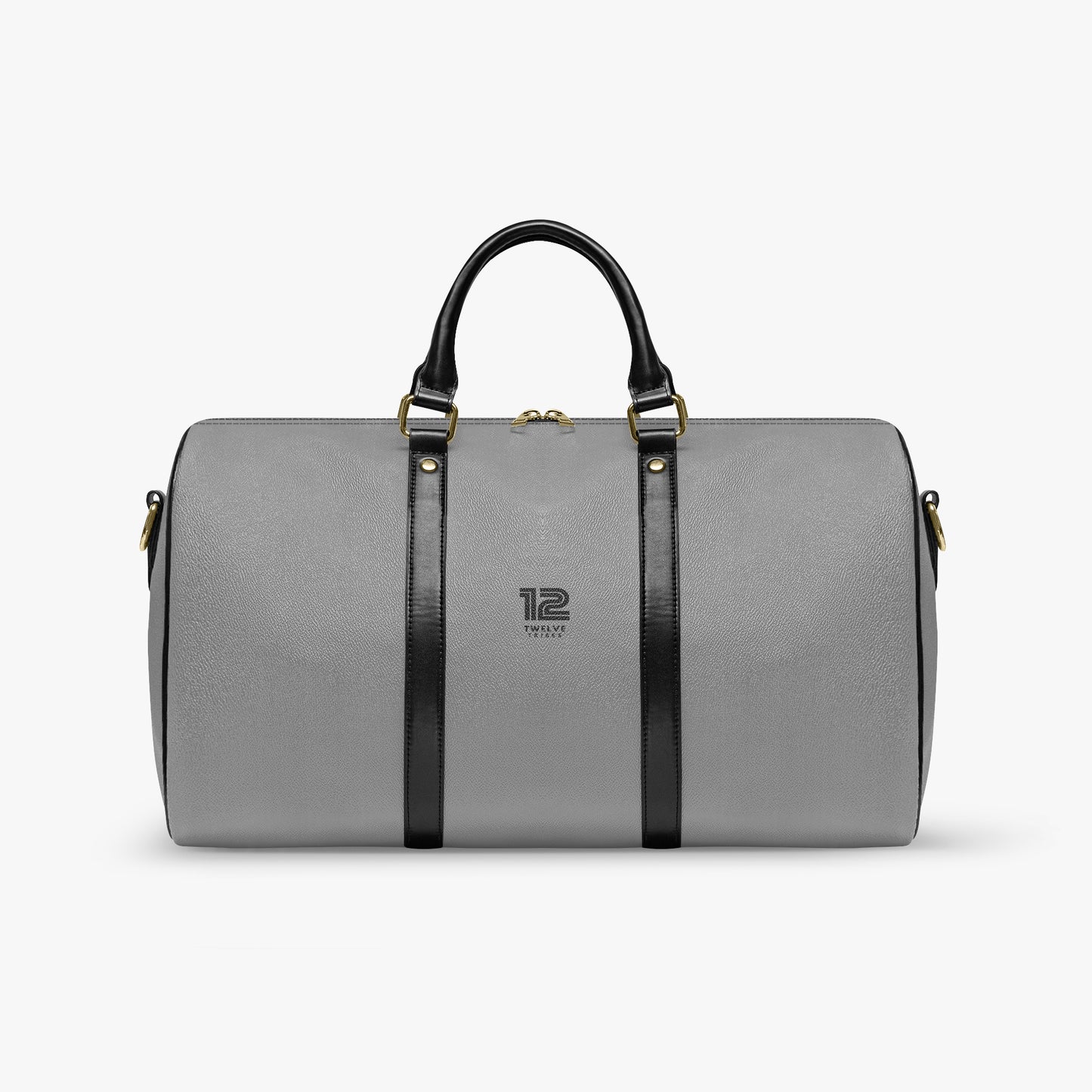 Gray duffel bag with black straps on a white background