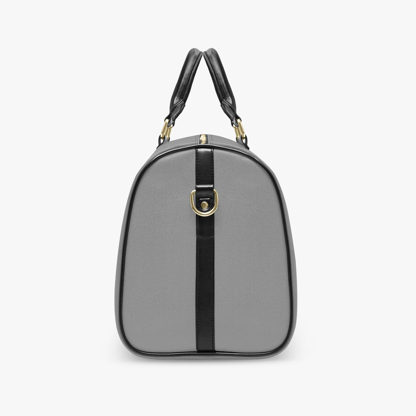 Gray handbag with black accents on a white background