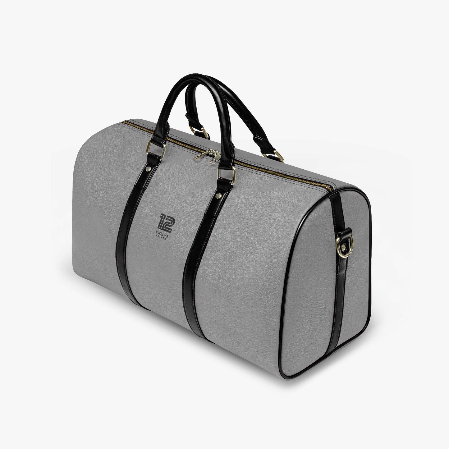 Gray duffel bag with black straps on a white background