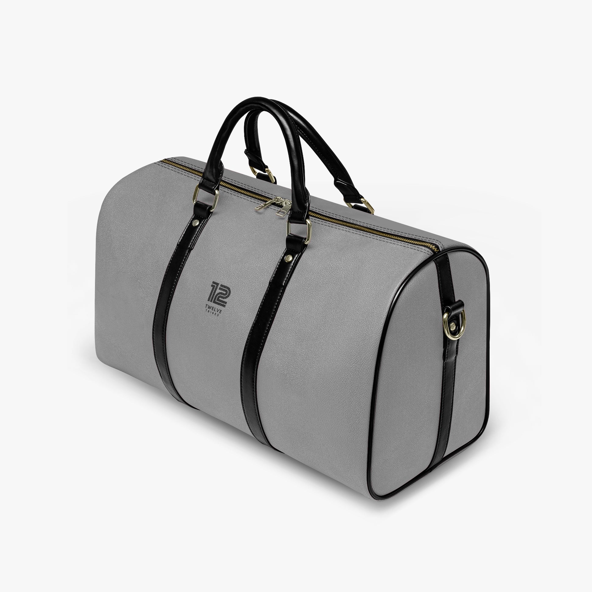 Gray duffel bag with black straps on a white background