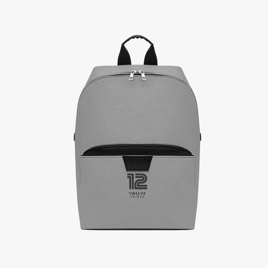Gray backpack with a brand logo on a white background