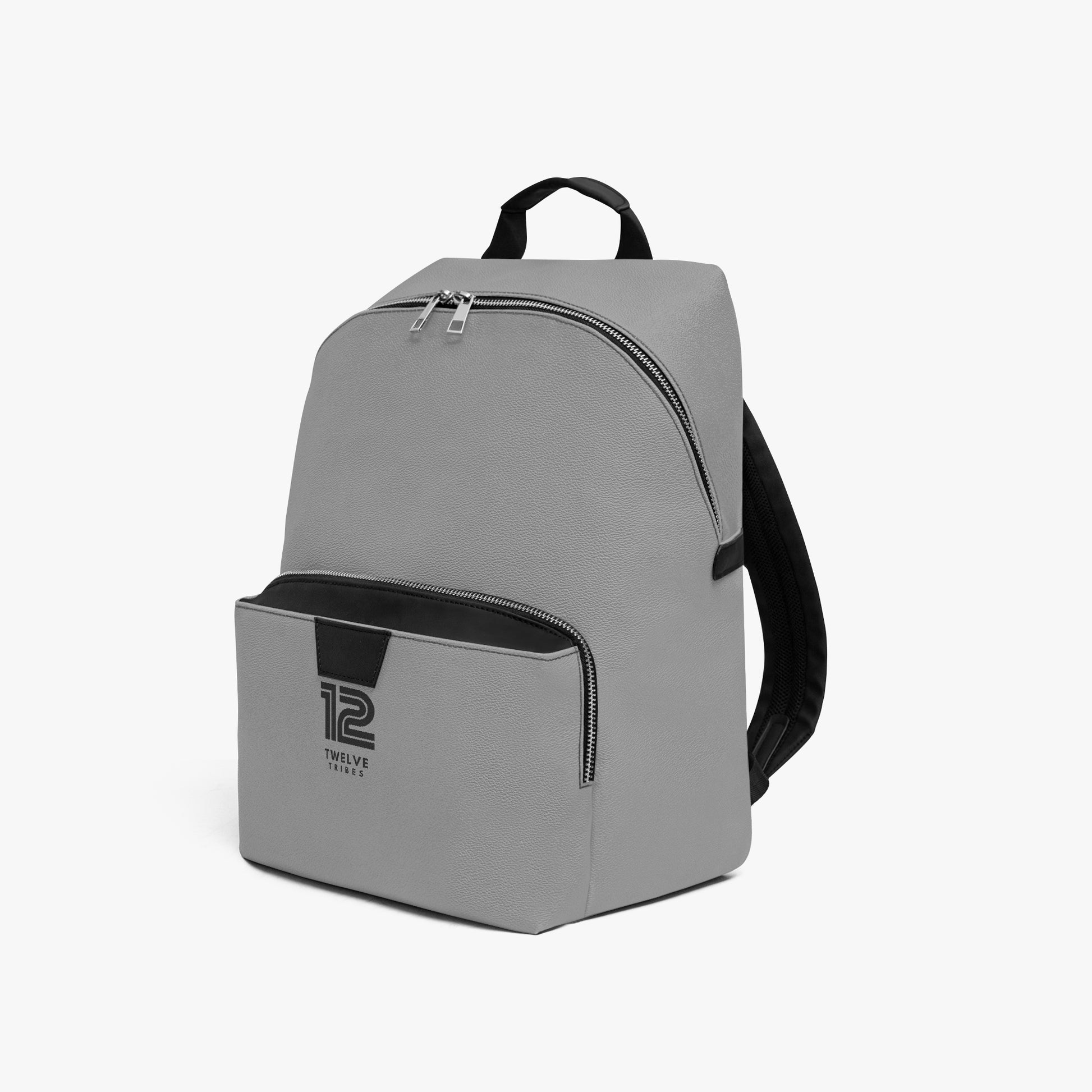 Gray backpack with a black zipper on a white background