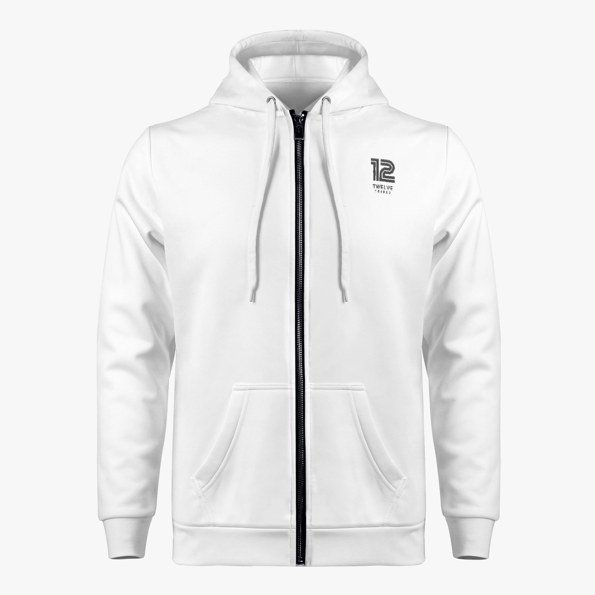 White hoodie with a zipper and logo on a white background