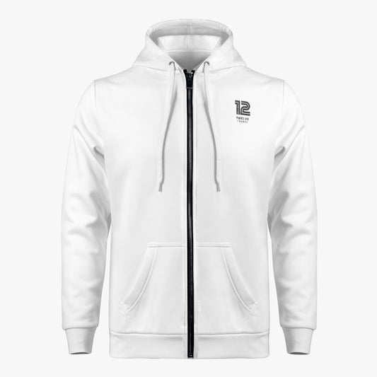 White hoodie with a zipper and logo on a white background
