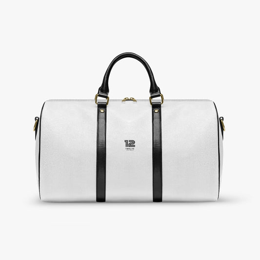 White duffel bag with black straps on a white background