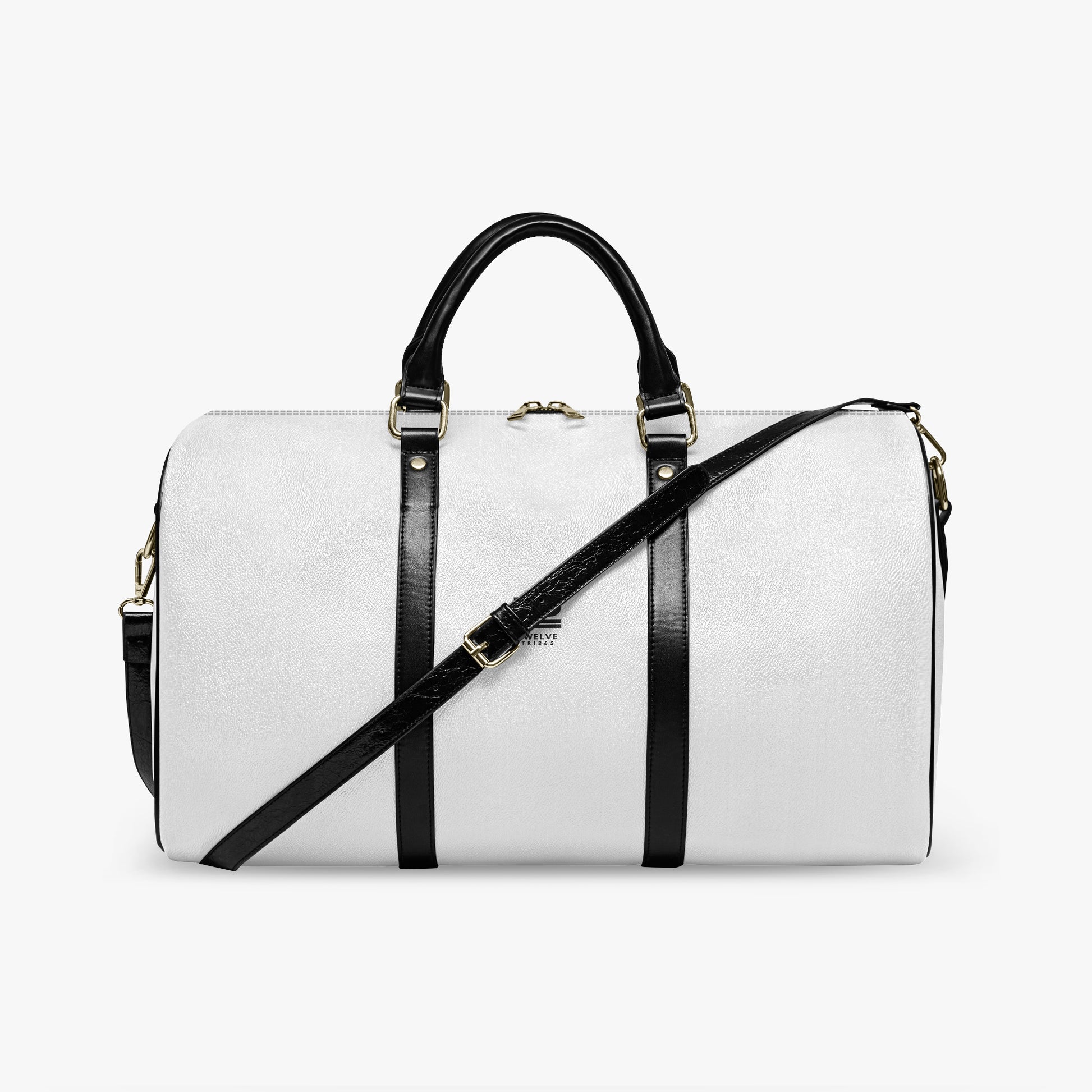 White duffel bag with black straps on a white background