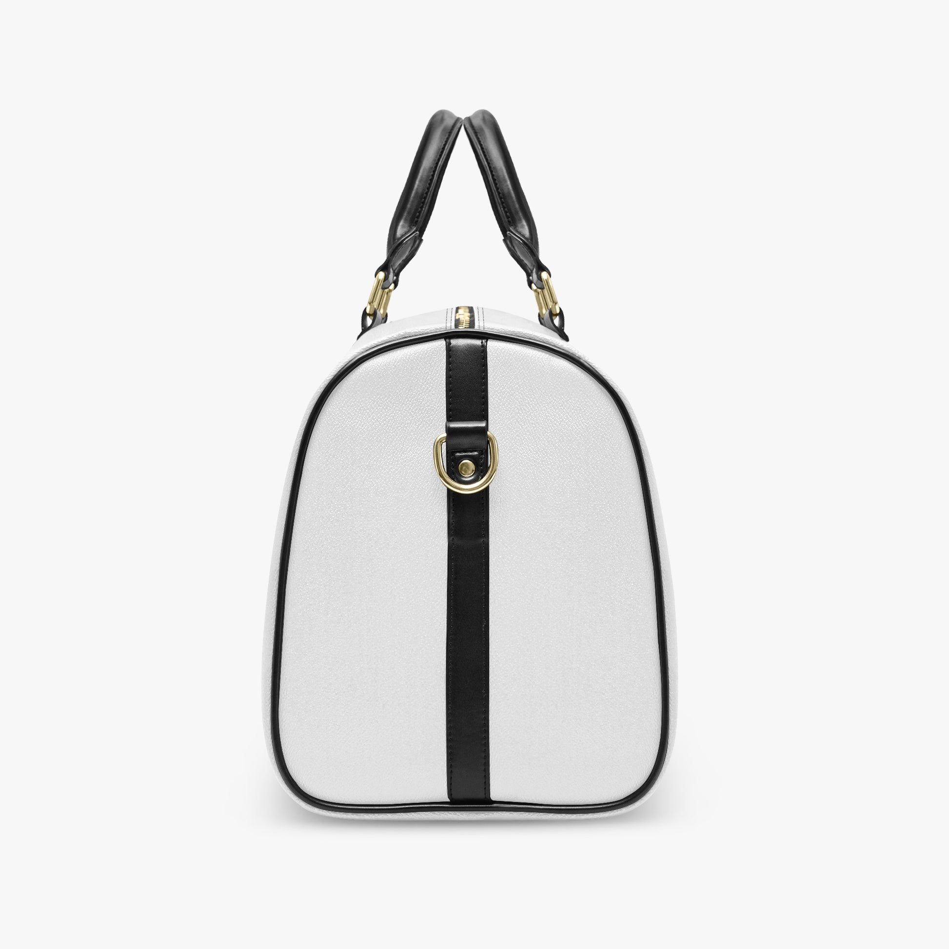 White handbag with black accents on a white background