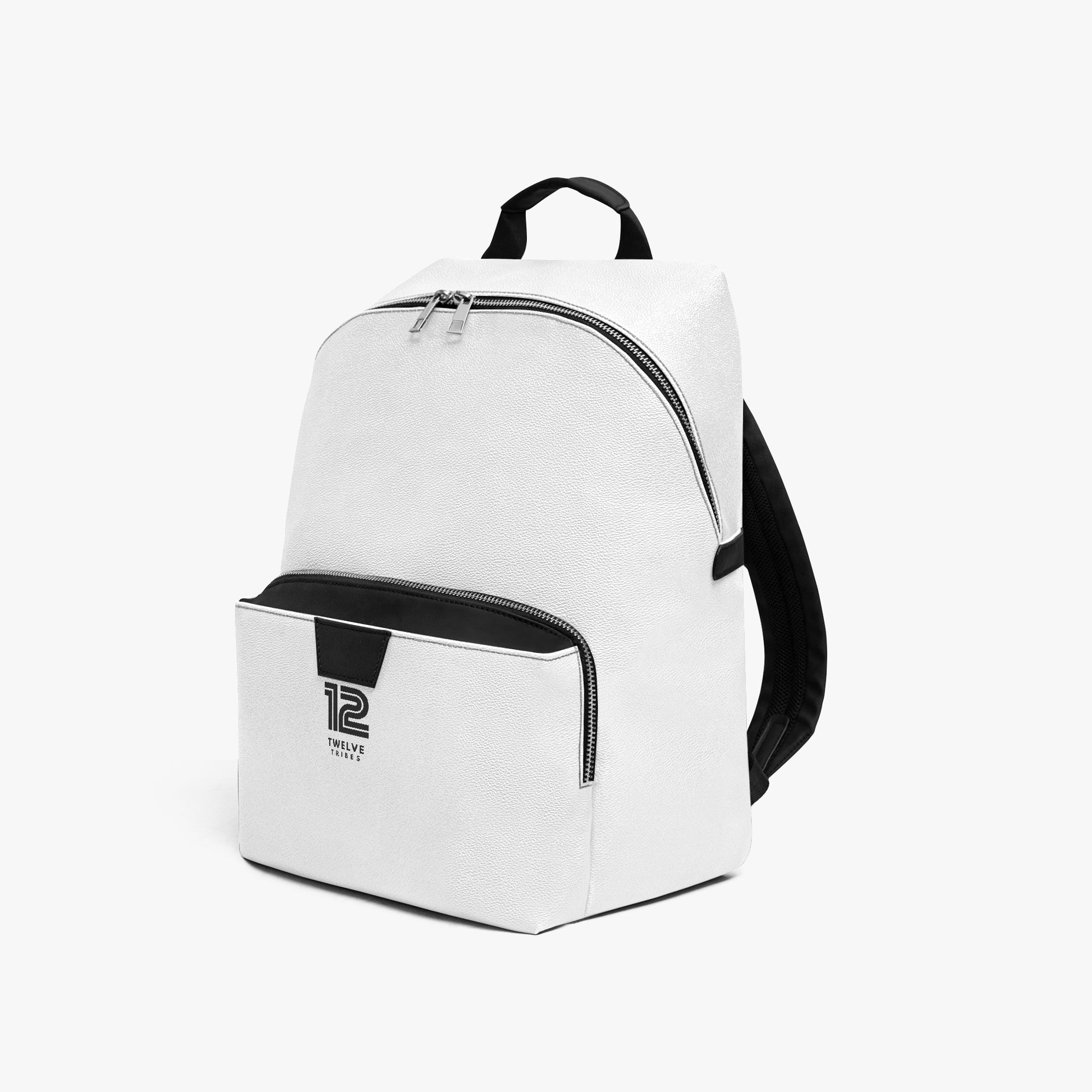 White backpack with black accents on a white background