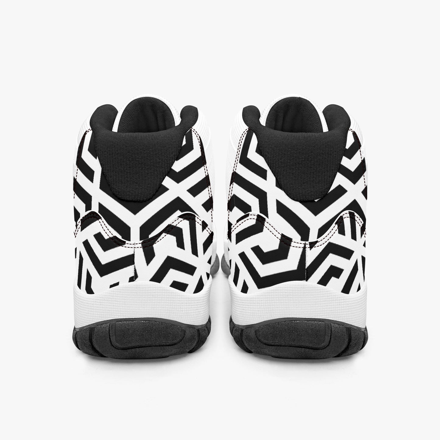 Black and white high-top sneakers with geometric pattern on a white background