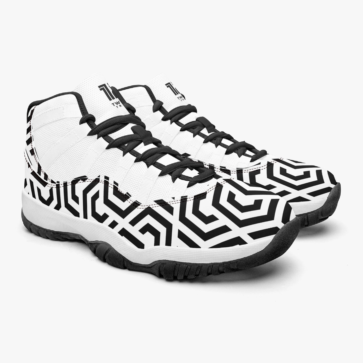 White sneakers with black geometric pattern on a white background