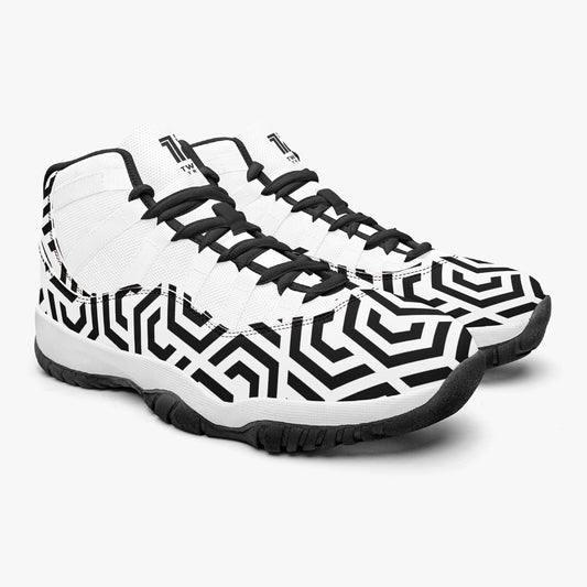 White sneakers with black geometric pattern on a white background