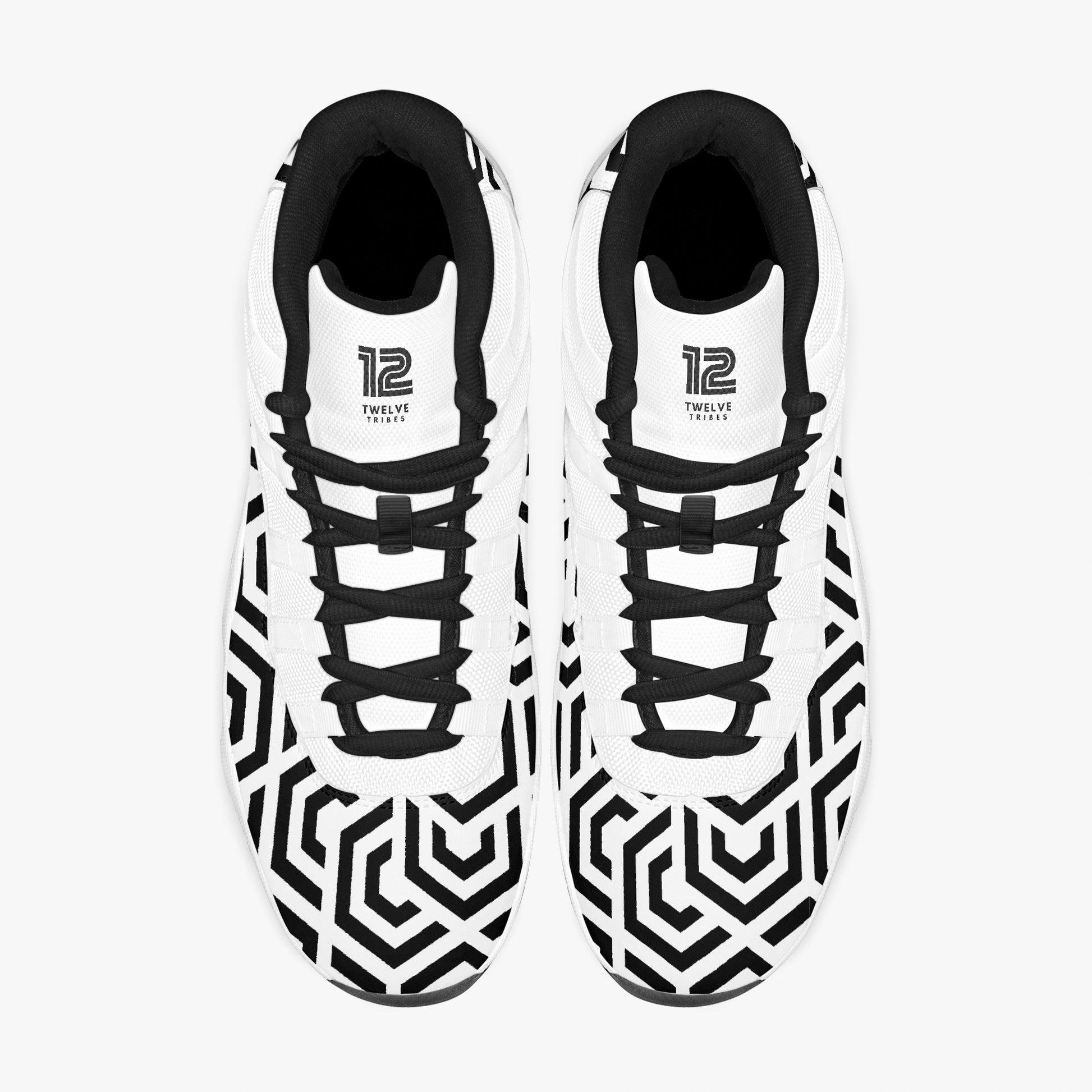 Black and white sneakers with geometric pattern on a white background