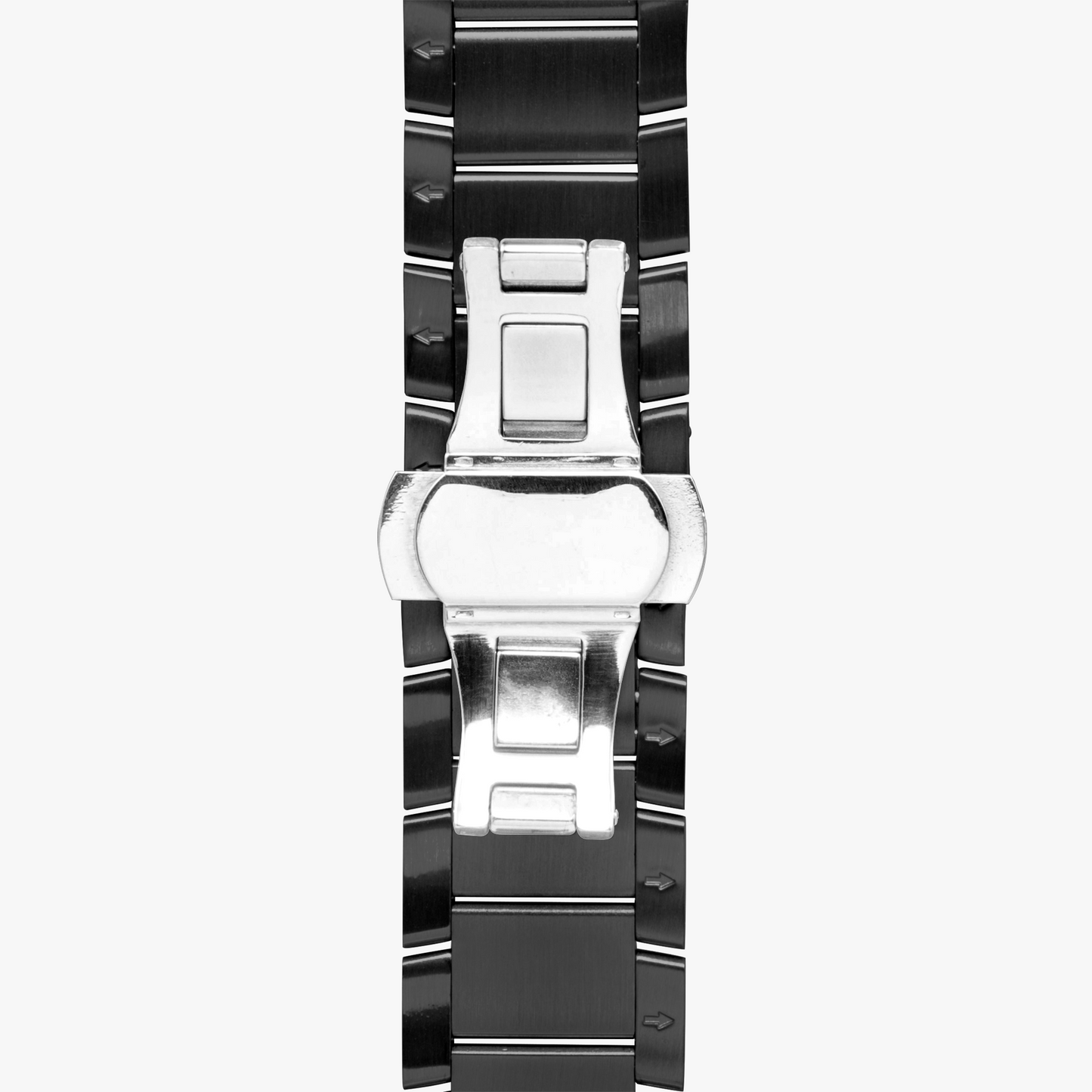 Close-up of a black and silver watch strap on a white background