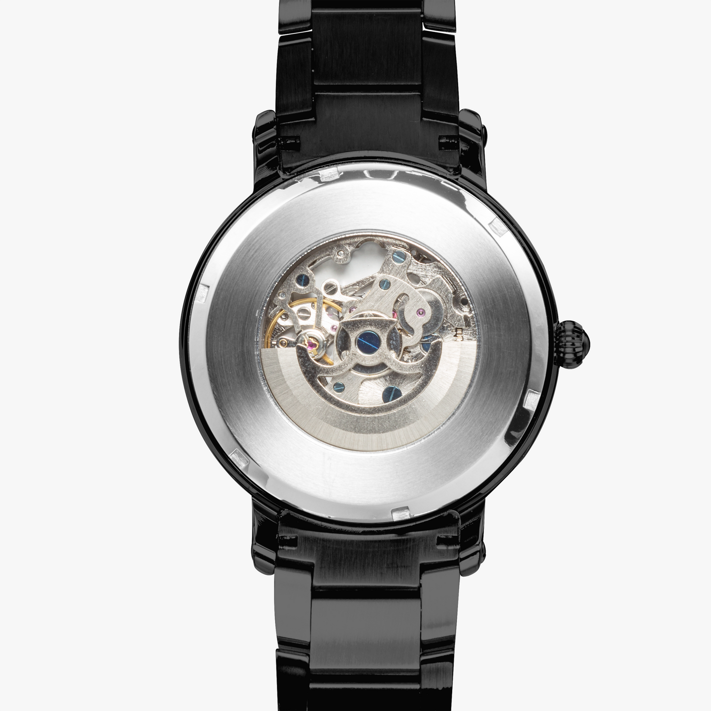 Black wristwatch with a transparent face showing mechanical components on a white background