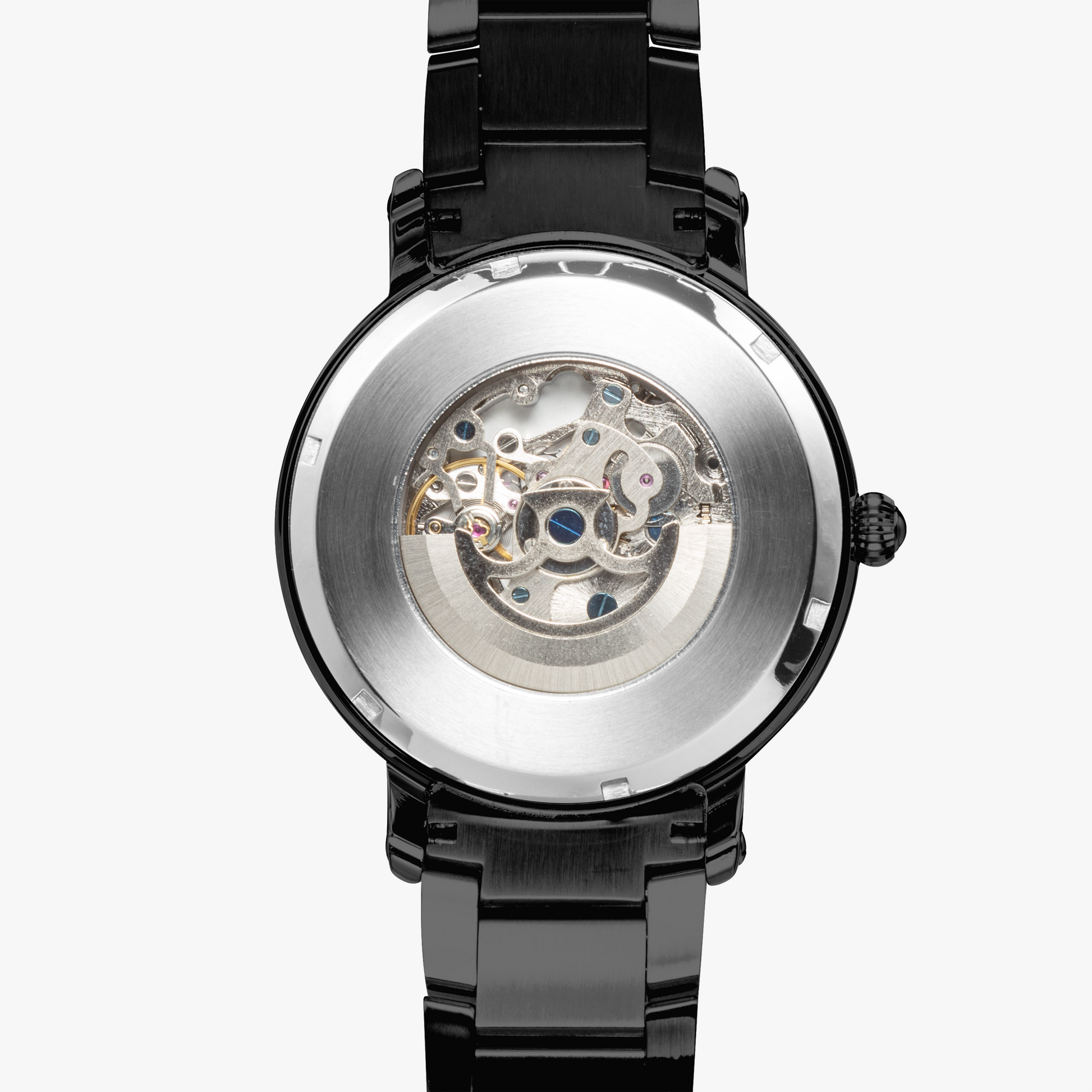 Black wristwatch with a transparent face showing mechanical components on a white background