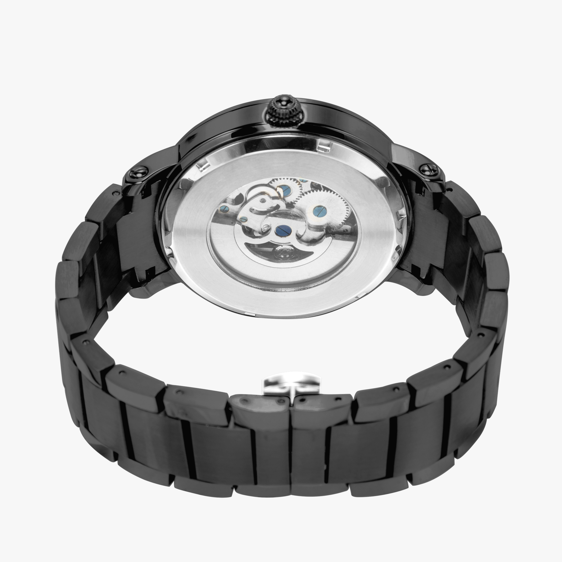 Black watch with mechanical components on a white background