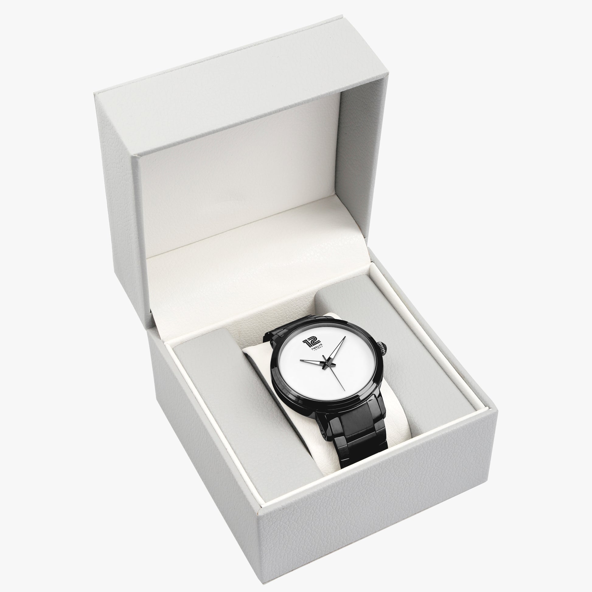 Watch with black strap and white face in a white box on a white background