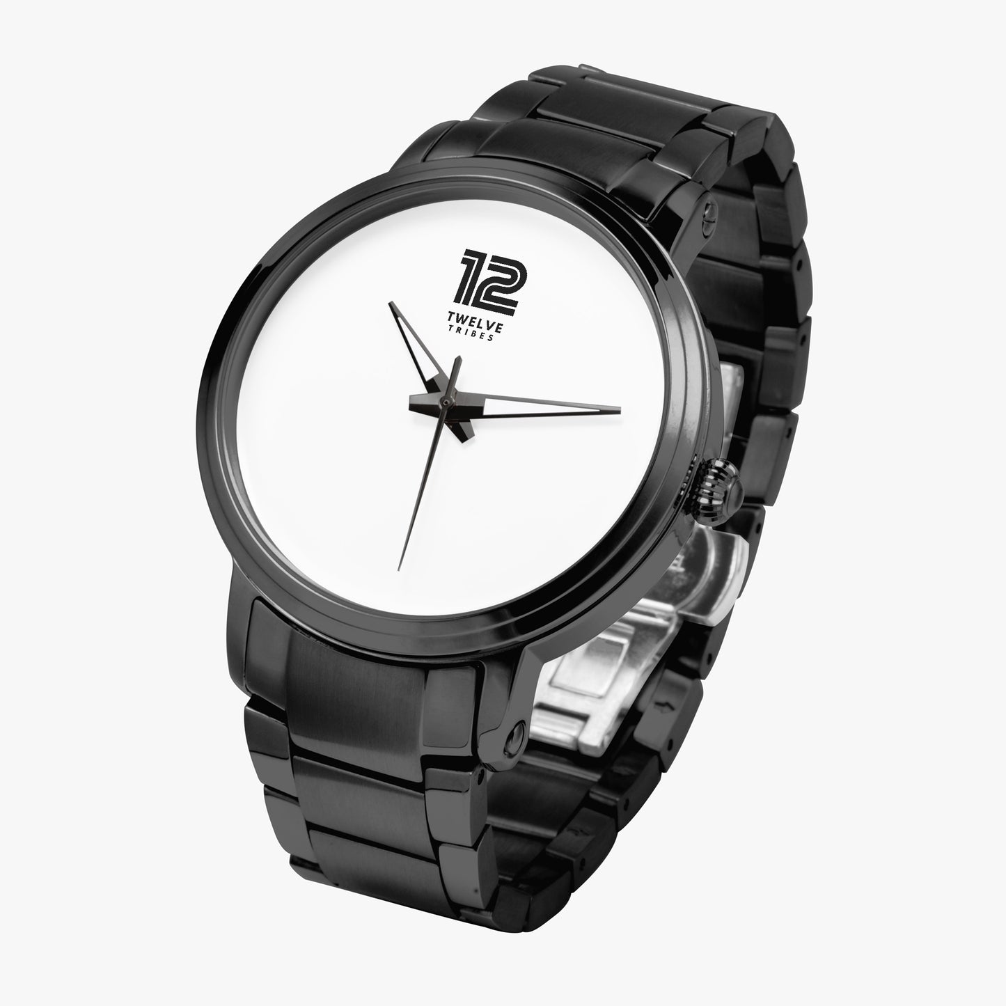 Black wristwatch with a white face on a white background