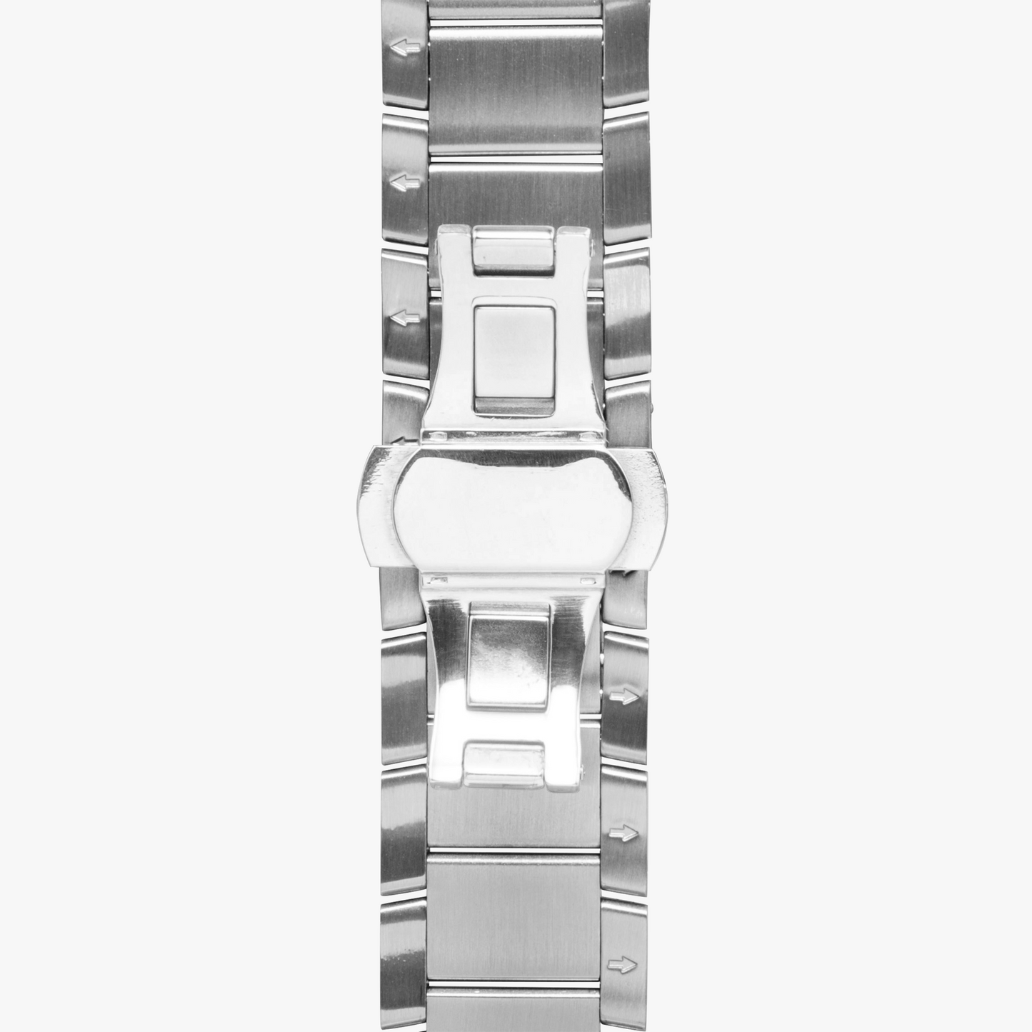 Close-up of a silver watch band on a white background