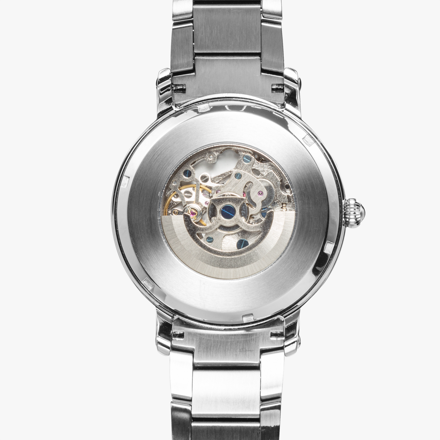 Silver watch with mechanical components on a white background