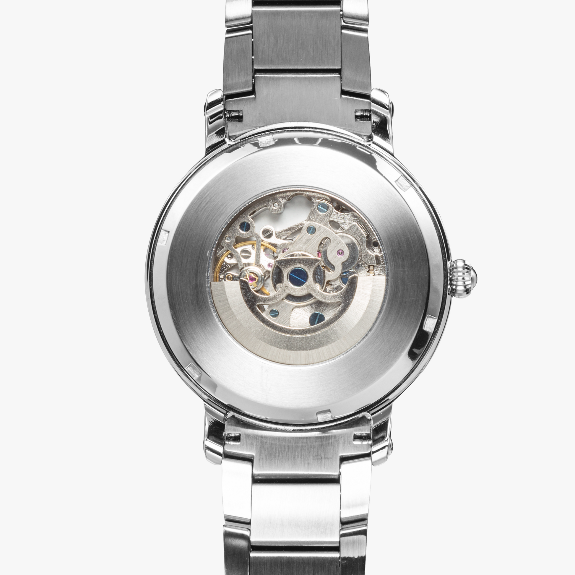 Silver watch with mechanical components on a white background
