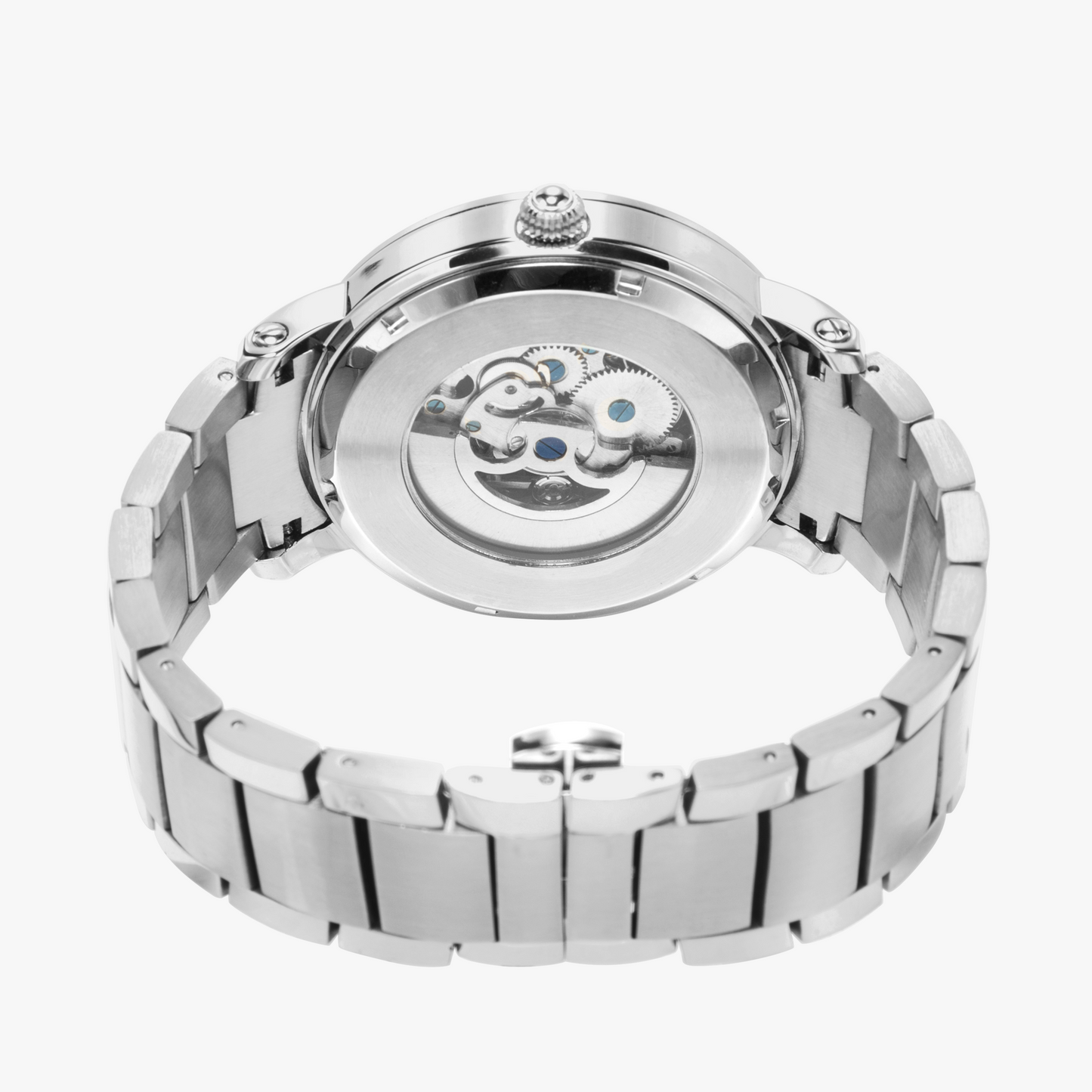Silver watch with open face on a white background