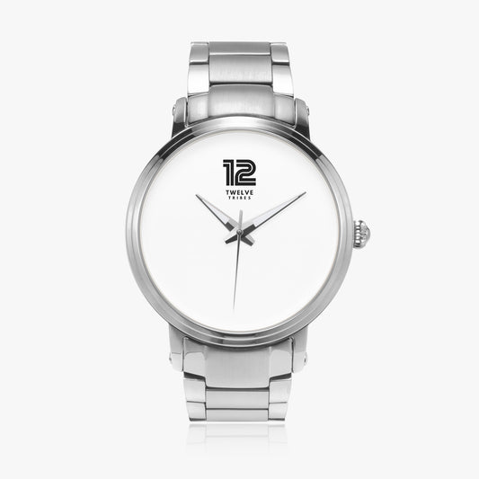 Silver watch with a white face on a light gray background