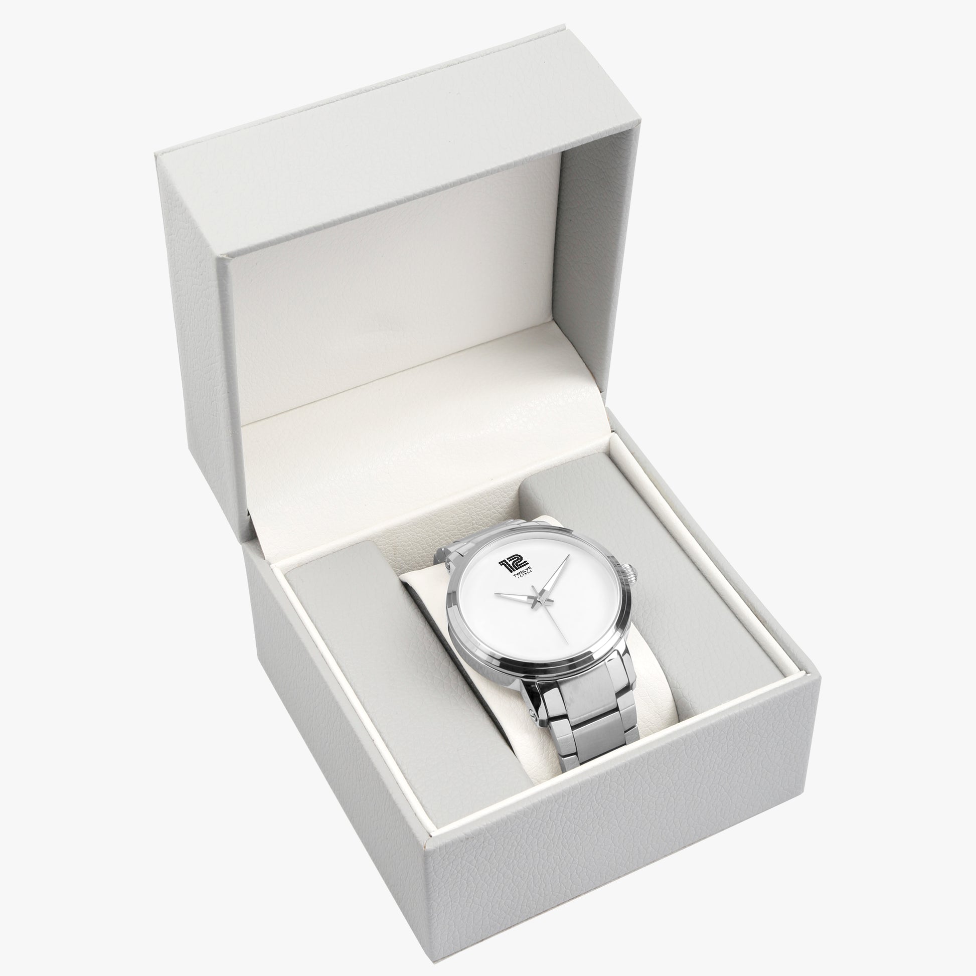 Silver watch with white face in an open white box on a white background